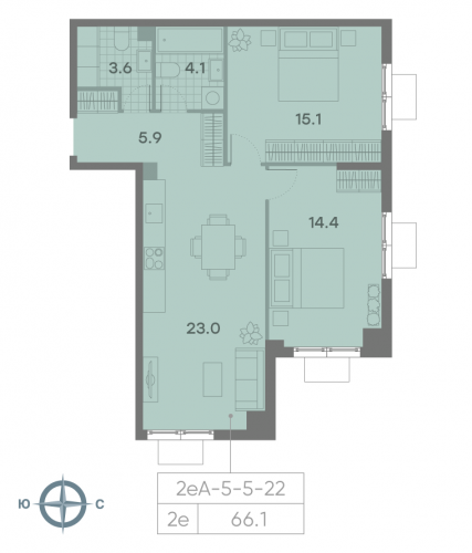 2-комнатная, квартира, 66.1 м²