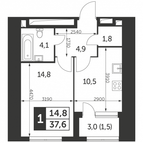 1-комнатная, квартира, 37.6 м²