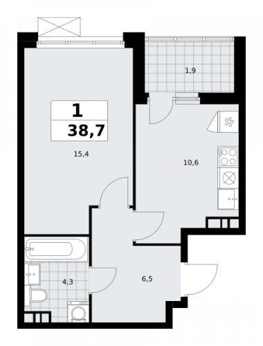 1-комнатная, 38.7 м²