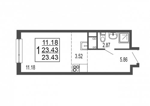 Студия, 23.9 м²