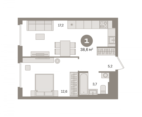 1-комнатная, квартира, 38.63 м²