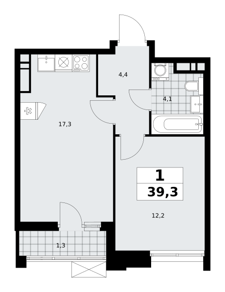 1-комнатная квартира №58К-7.1.2-331, 39,3 м² за 14,69 млн руб. в ЖК «Прокшино» - планировка