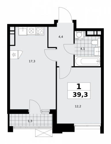 1-комнатная, 39.3 м²