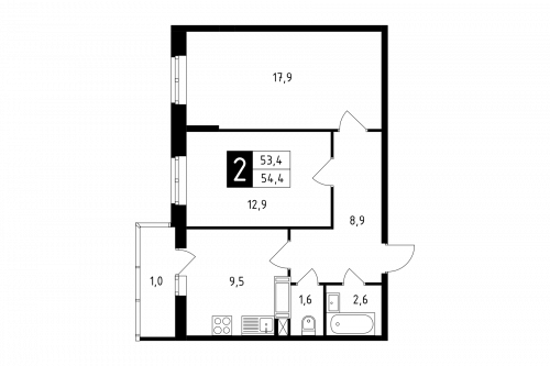 2-комнатная, квартира, 54.4 м²