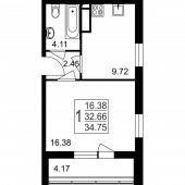 1-комнатная квартира 34,75 м²