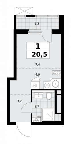 1-комнатная, 20.5 м²