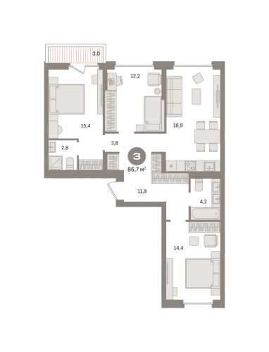 3-комнатная, квартира, 86.7 м²