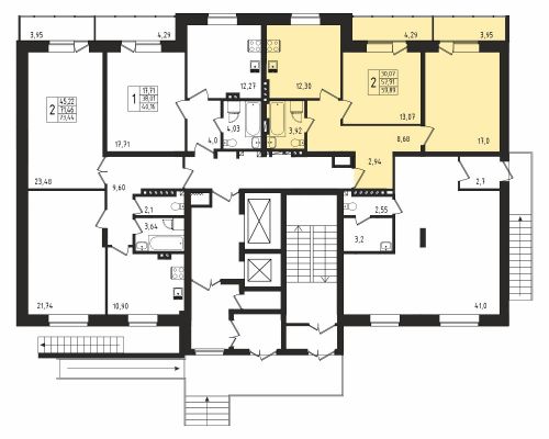 2-комнатная, квартира, 57.3 м²