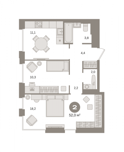 2-комнатная, квартира, 52.02 м²