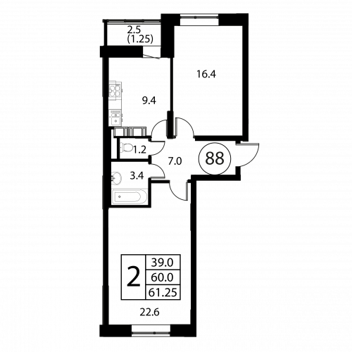 2-комнатная, квартира, 61.25 м²