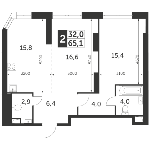 2-комнатная, квартира, 65.1 м²