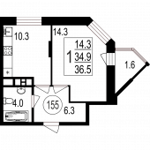 1-комнатная квартира 36,5 м²