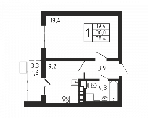 1-комнатная, квартира, 38.4 м²