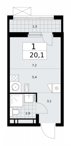1-комнатная, 20.1 м²