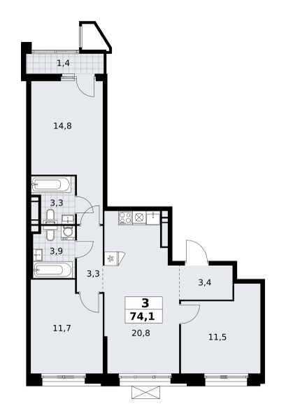 3-комнатная квартира №58К-7.1.1-184, 74,1 м² за 19,21 млн руб. в ЖК «Прокшино» - планировка