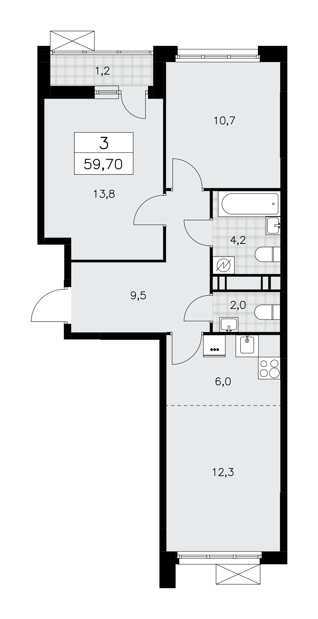 3-комнатная квартира №24К-28.4-625, 59,7 м² за 19,40 млн руб. в ЖК «Скандинавия» - планировка