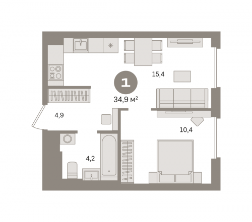 1-комнатная, квартира, 34.86 м²