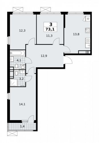 3-комнатная, 73.1 м²
