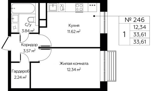 1-комнатная, 33.61 м²