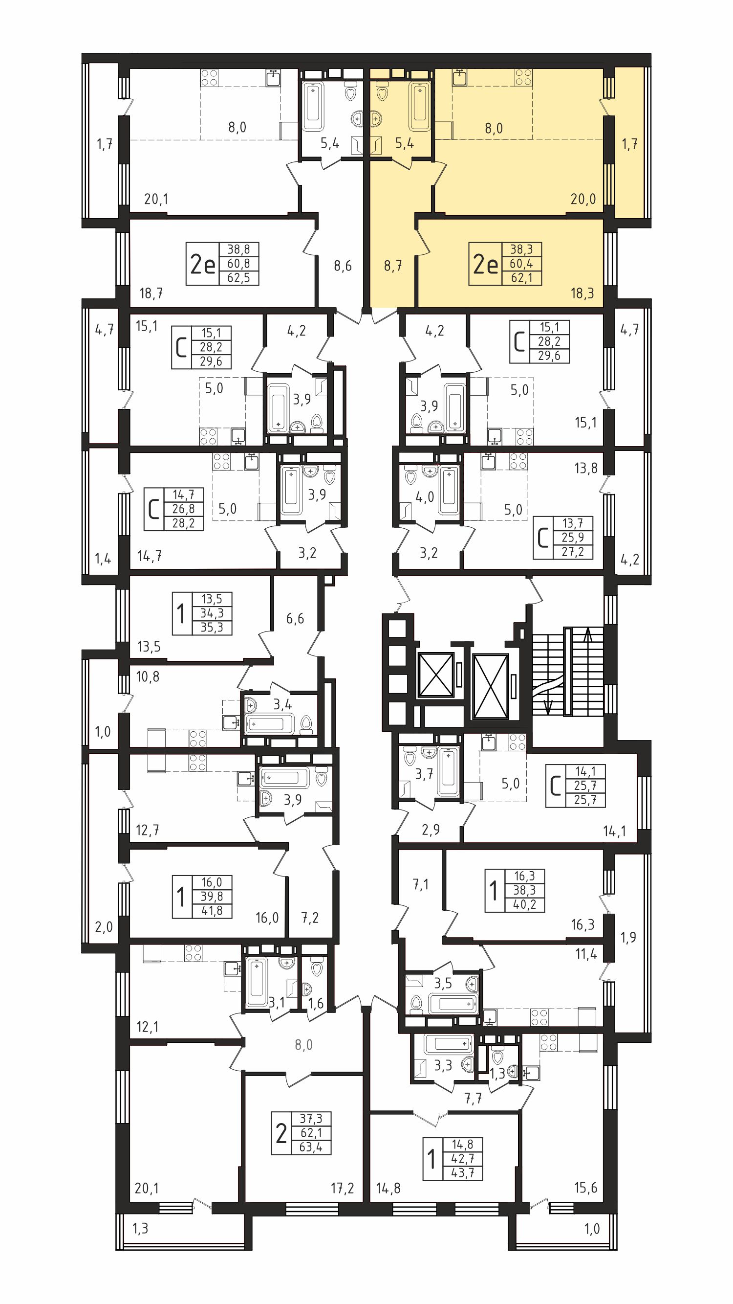 1-комнатная квартира №94, 62,1 м² за 9,58 млн руб. в ЖК «Пироговская Ривьера» - планировка