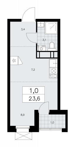 1-комнатная, 23.6 м²