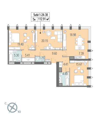 Многокомнатная, квартира, 112.91 м²