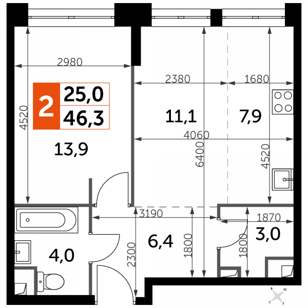 2 комнаты до 46.3