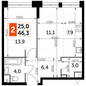 2-комнатная квартира 46,3 м²