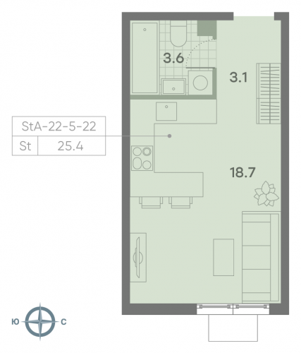 Студия, 25.4 м²