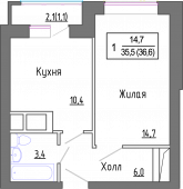 1-комнатная квартира 34,85 м²