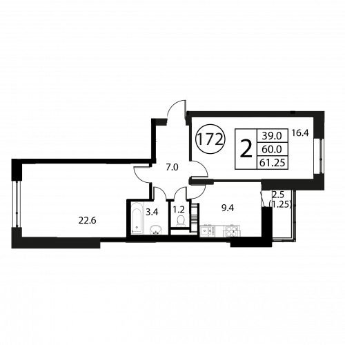 2-комнатная, квартира, 61.25 м²