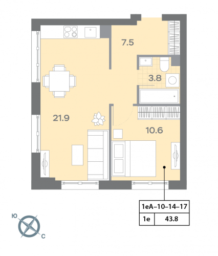 1-комнатная, квартира, 43.6 м²