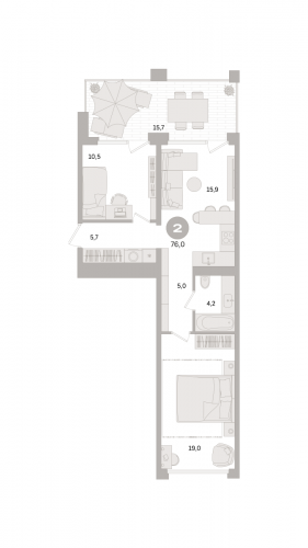 2-комнатная, квартира, 76 м²