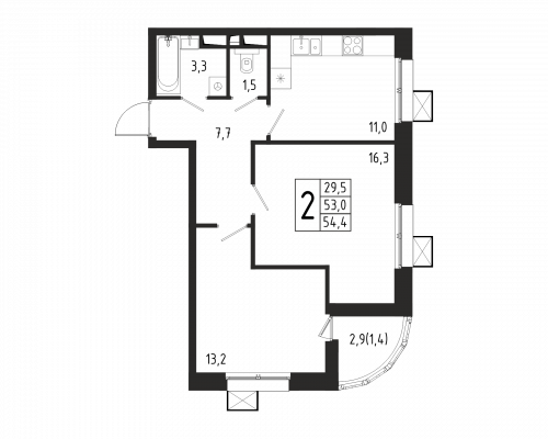 2-комнатная, квартира, 54.4 м²