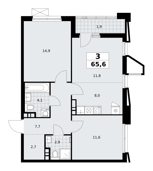 3-комнатная квартира №58К-7.1.1-88, 65,6 м² за 17,31 млн руб. в ЖК «Прокшино» - планировка