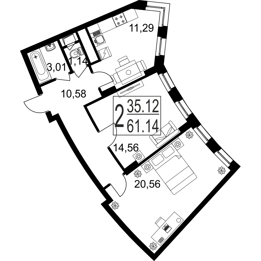 2-комнатная квартира №9, 61,1 м² за 25,42 млн руб. в ЖК «Лефорт 3 корпус» - планировка