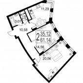 2-комнатная квартира 61,14 м²