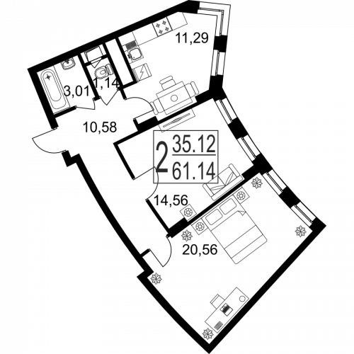 2-комнатная, квартира, 61.14 м²