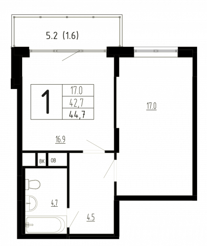 1-комнатная, квартира, 44.7 м²