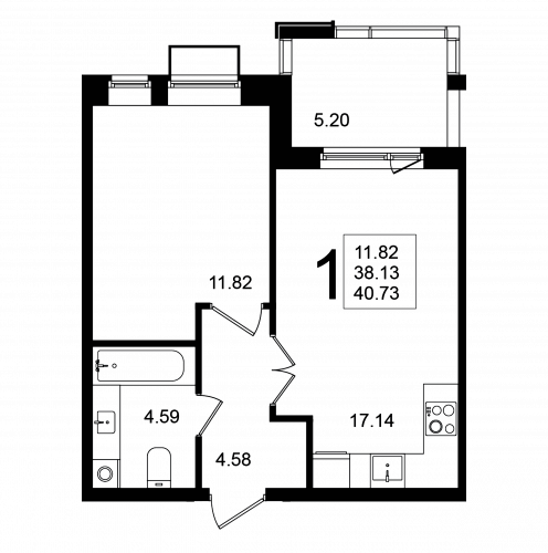 1-комнатная, квартира, 40.73 м²