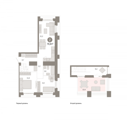 2-комнатная, квартира, 75.9 м²