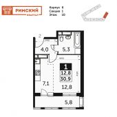 1-комнатная квартира 30,9 м²