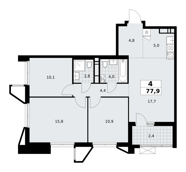 4-комнатная квартира №58К-7.1.4-640, 77,9 м² за 19,28 млн руб. в ЖК «Прокшино» - планировка