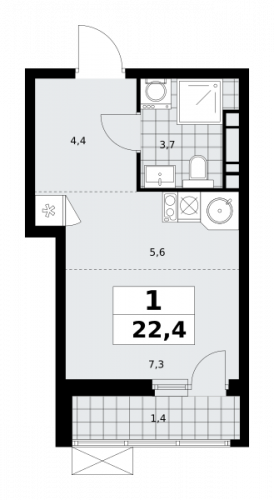 1-комнатная, 22.4 м²