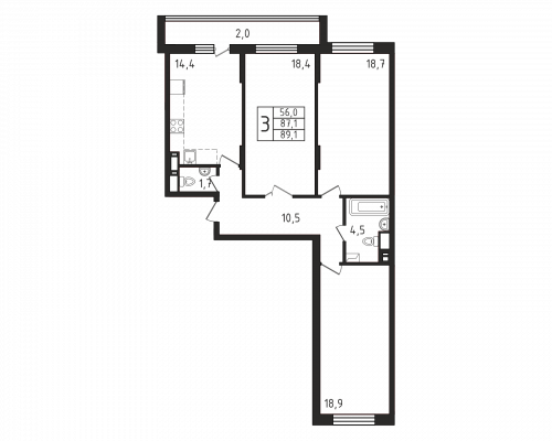 3-комнатная, квартира, 89.1 м²
