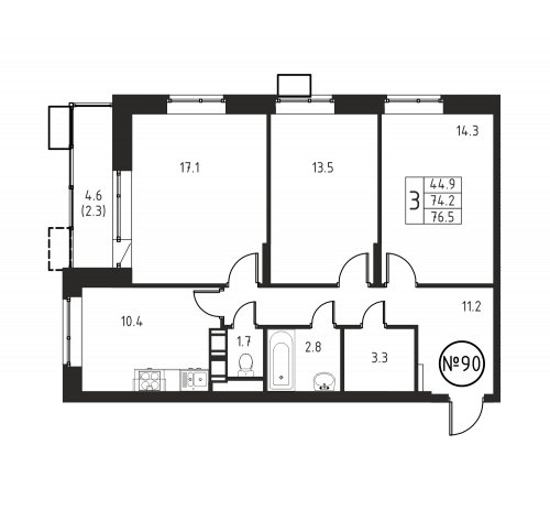 3-комнатная, квартира, 76.5 м²