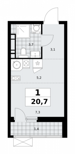 1-комнатная, 20.7 м²
