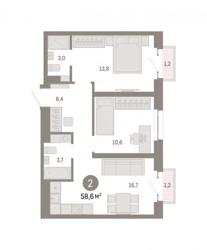 2-комнатная, квартира, 58.6 м²