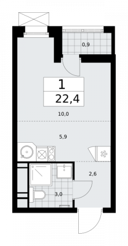 1-комнатная, 22.4 м²
