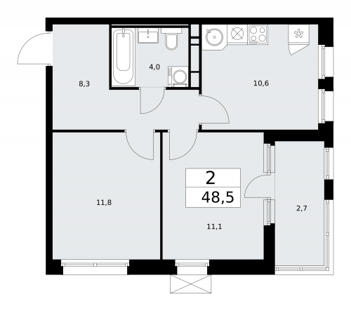 2-комнатная, 48.5 м²